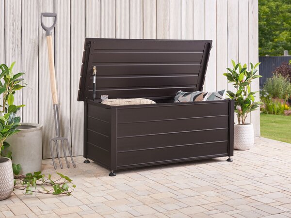 Záhradný úložný box s vekom tmavohnedý hliníkový 113 x 50 cm 190 L vonkajší úložný nábytok