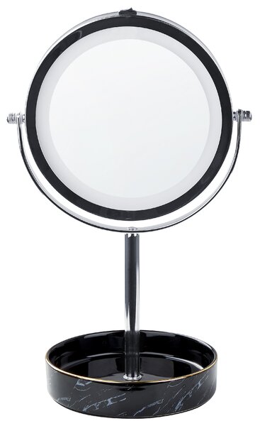 Kozmetické zrkadlo strieborná čierna železný kovový rám ø 20 cm keramický stojan s LED svetlom 1x/5x zväčšovacie sklo obojstranné
