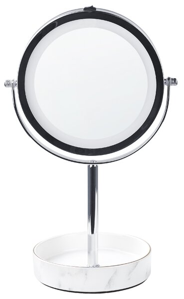 Kozmetické zrkadlo strieborná biela železný kovový rám ø 20 cm keramický stojan s LED svetlom 1x/5x zväčšovacie sklo obojstranné
