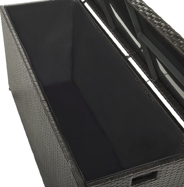 Vonkajší úložný box hnedý umelý ratan 126 x 46 cm záhradný box na vankúše moderný štýl terasa záhrada
