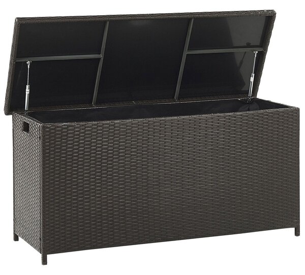 Vonkajší úložný box hnedý umelý ratan 126 x 46 cm záhradný box na vankúše moderný štýl terasa záhrada