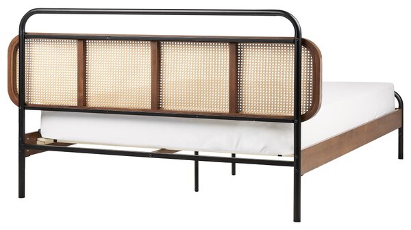 Posteľ tmavohnedá 180 x 200 cm čelo s viedenským výpletom lamelový rošt moderný rustikálny štýl spálňa