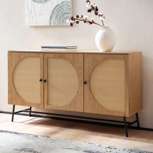 Príborník 140x80x39 cm komoda Imitácia dub s ratanovým výpletom moderná, vysoká komoda, stojanová skriňa s 3 dverami, príborník obývačka | Wohnling