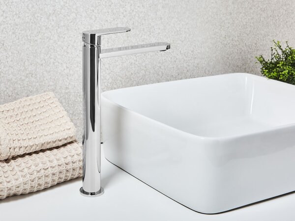 Vysoká kúpeľňová umývadlová batéria strieborná mosadz 30 cm chrómovaný povrch jednopáková doplnky moderný štýl kúpeľňa