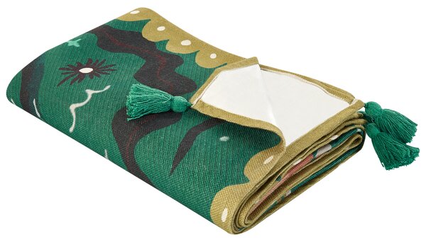 Pikniková deka zelená polyester 200 x 200 cm ručná výroba so strapcami zvierací vzor motív dinosaurov moderný štýl záhrada exteriér
