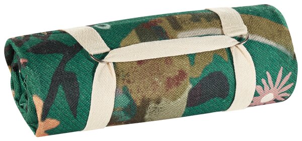 Pikniková deka zelená polyester 200 x 200 cm ručná výroba so strapcami zvierací vzor motív dinosaurov moderný štýl záhrada exteriér