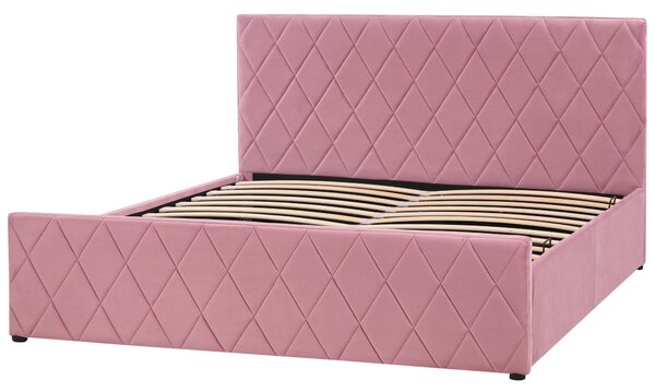 Posteľ s úložným priestorom ružová zamat 160 x 200 cm prešívané čalúnenie s čelom lamelový rošt moderný štýl spálňa