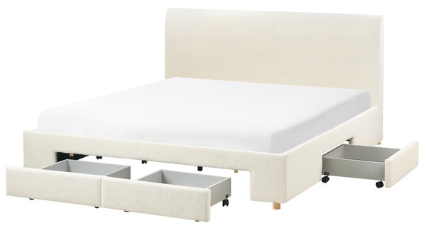 Čalúnená posteľ s úložným priestorom krémová biela buklé čalúnenie 180 x 200 cm so zásuvkami moderný škandinávsky dizajn