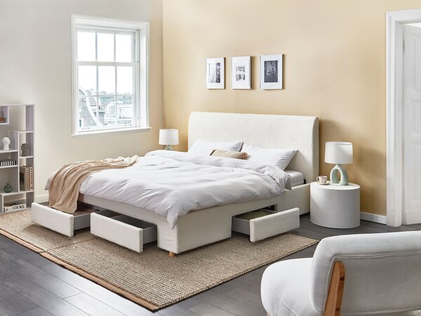 Čalúnená posteľ s úložným priestorom krémová biela buklé čalúnenie 180 x 200 cm so zásuvkami moderný škandinávsky dizajn