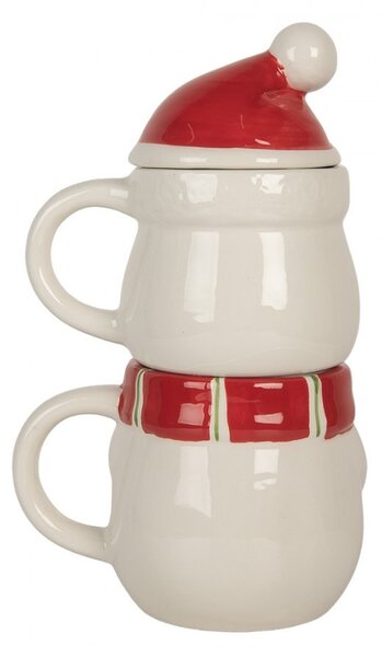 Keramický hrnček snehuliak s viečkom - 13*9*22 cm / 300 ml / 375 ml - Clayre & Eef