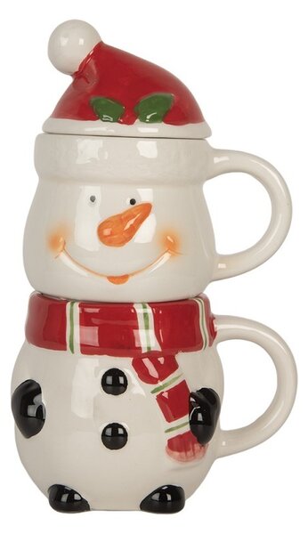 Keramický hrnček snehuliak s viečkom - 13*9*22 cm / 300 ml / 375 ml - Clayre & Eef