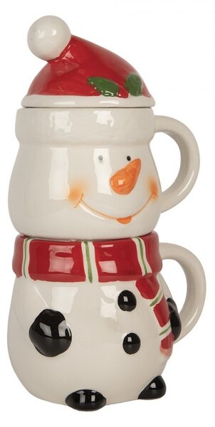 Keramický hrnček snehuliak s viečkom - 13*9*22 cm / 300 ml / 375 ml - Clayre & Eef