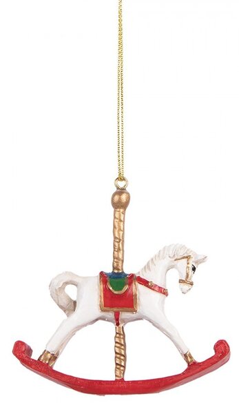 Bielo-červená závesná dekorácia hojdací koník - 8*2*7 cm - Clayre & Eef
