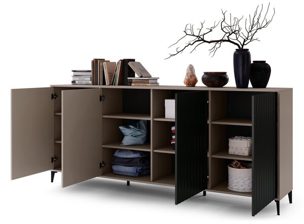 Komoda Rimini K-242 Béžová Taupe / Čierna matná - MODERNÁ SKRIŇA S DRÁŽKOVANÝMI ČELAMI