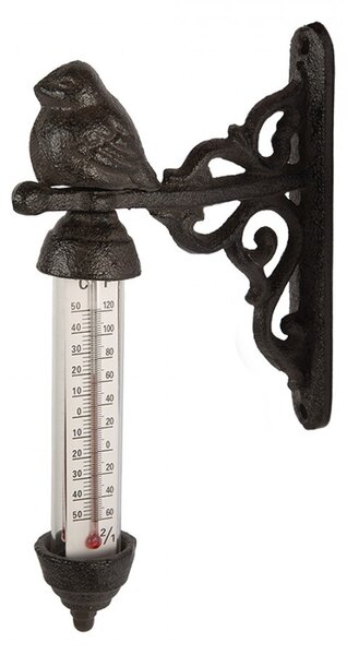Hnedý liatinový vonkajší teplomer s vtáčikom - 3*11*16 cm - Clayre & Eef