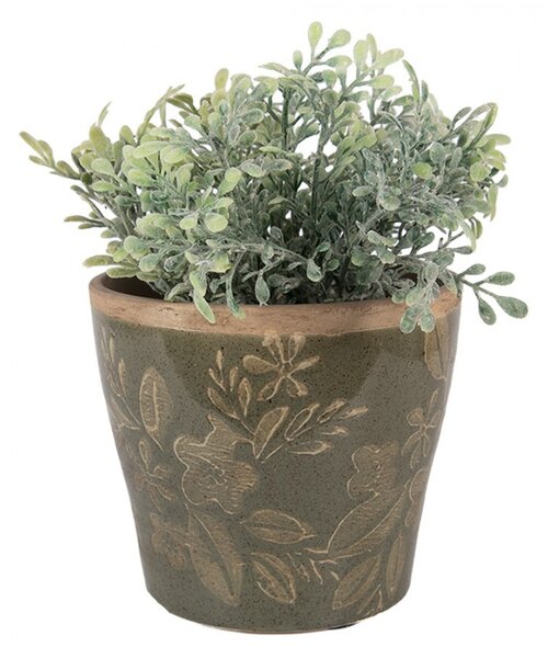 Zelený keramický obal na kvetináč s kvetmi Timothée M - Ø 12*10 cm - Clayre & Eef