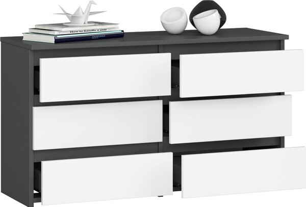 BDW, komoda, 6 zásuviek, 100x57, skriňa, príborník, sivá / biela