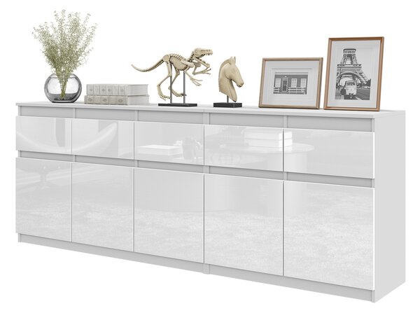 NOAH - Komoda s 5 zásuvkami a 5 dvierkami - Komoda do spálne Úložná skriňa Príborník - biely matný / biely lesk V75cm Š200cm H35cm