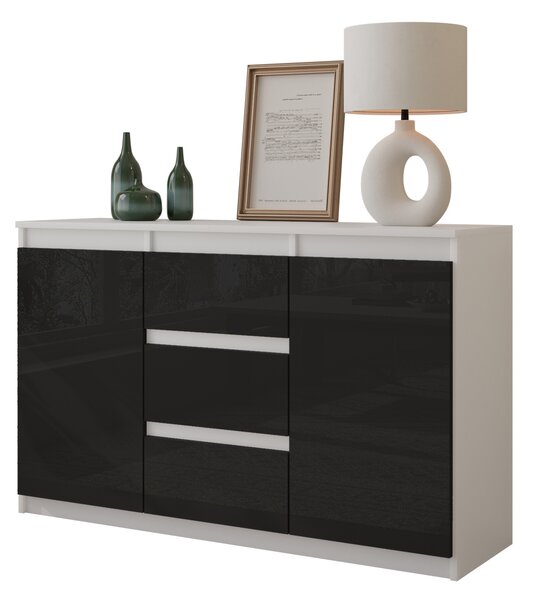 FURNICA - MIKEL - Komoda s 3 zásuvkami a 2 dvierkami - biela matná / čierna lesklá V75cm Š120cm H35cm