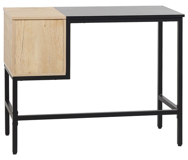 Písací stôl pre domácu kanceláriu čierny s kovovým rámom zo svetlého dreva, úložný priestor 100 x 48 cm, 2 zásuvky, vrchná časť z PVC