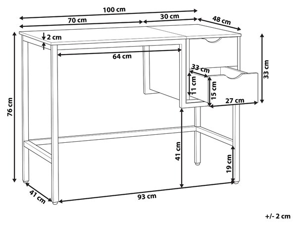 Písací stôl pre domácu kanceláriu čierny s kovovým rámom zo svetlého dreva, úložný priestor 100 x 48 cm, 2 zásuvky, vrchná časť z PVC
