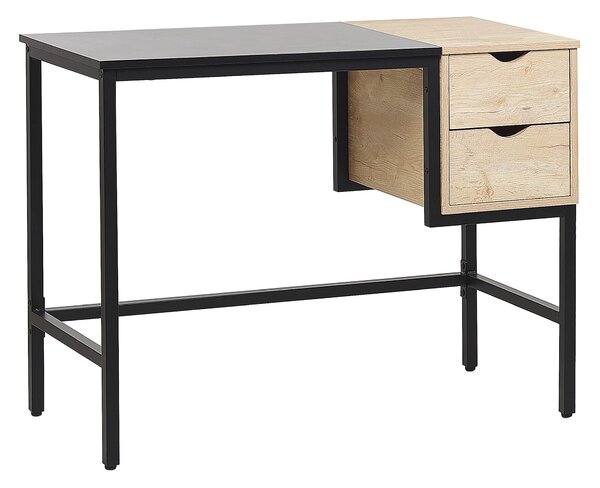Písací stôl pre domácu kanceláriu čierny s kovovým rámom zo svetlého dreva, úložný priestor 100 x 48 cm, 2 zásuvky, vrchná časť z PVC