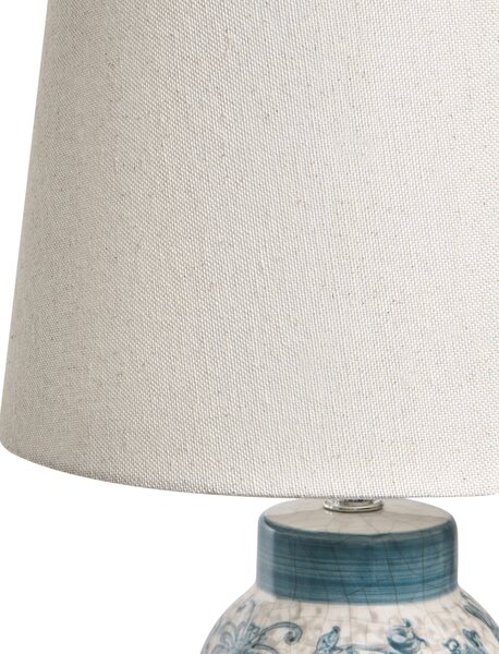 Stolná lampa biela a modrá keramický podstavec ľanové tienidlo stredomorský štýl obývacia izba spálňa