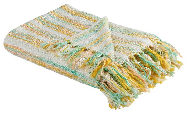Prikrývka žltá a zelená bavlna akryl 130 x 170 cm pruhovaný vzor strapce boho štýl obývacia izba spálňa