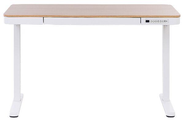 Písací stôl svetlé drevo biely oceľový rám s práškovým nástrekom 120 x 60 cm elektrické nastavenie výšky