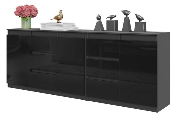 Sada dvoch komôd MIKEL – antracitová / čierna lesklá, 6 zásuviek, 3 dvere – moderná komoda 200 cm do spálne a obývacej izby