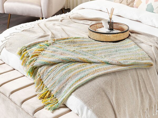 Prikrývka žltá a zelená bavlna akryl 130 x 170 cm pruhovaný vzor strapce boho štýl obývacia izba spálňa