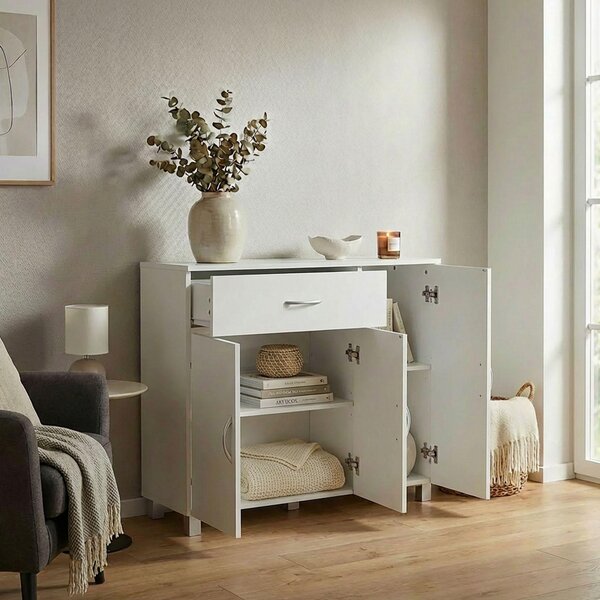 FineBuy Komoda SETE, biela, 90 x 75 x 30 cm, skriňa s 1 zásuvkou a 3 dvierkami, moderná komoda do spálne, jedálne, úzka skriňa na topánky