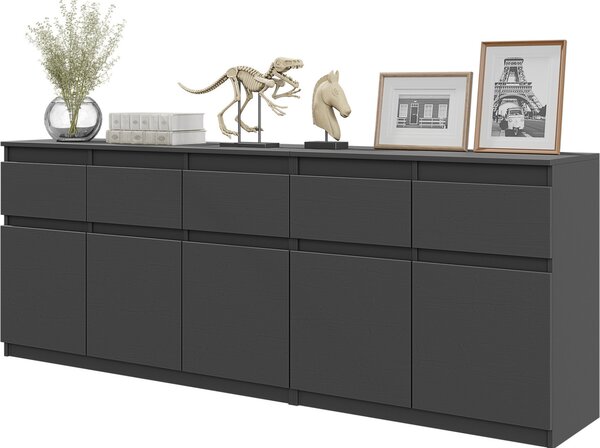NOAH - Komoda s 5 zásuvkami a 5 dvierkami - komoda do spálne, úložná skriňa, príborník - antracit V75cm Š200cm H35cm