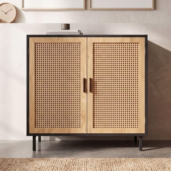 FineBuy Príborník 80x86,5x40 cm Komoda čierna s viedenským prútím Vysoká komoda Nadčasová podlahová skriňa Obývacia izba s 2 dverami Príborník ratan