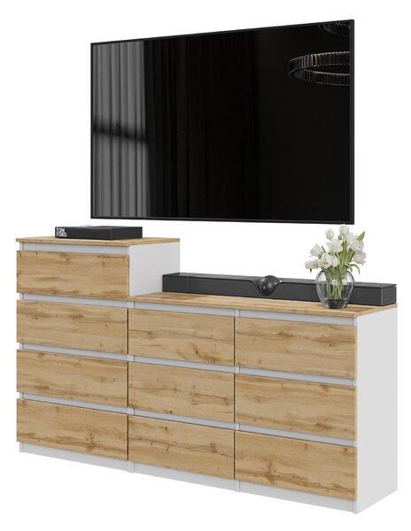 Veľká komoda GABRIEL 160 cm – biela matná / dub Wotan – moderná komoda s 10 zásuvkami