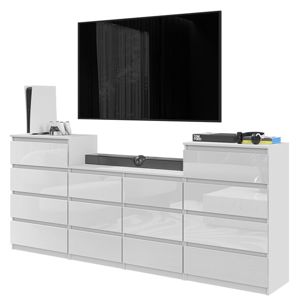 KOMODA, 220 cm, biela matná / biela lesklá, 14 zásuviek, sada troch komód, obývacia izba