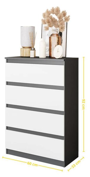 Vysoká komoda Gabriel 4 zásuvky - antracit / biely mat 92 cm, moderná a praktická