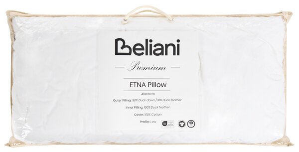 Nízky vankúš na spanie trojkomorový biely kačacie perie a páperie 40 x 80 cm prémiový bavlnený poťah