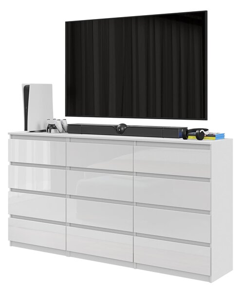 Veľká TV skrinka / komoda GABRIEL s 12 zásuvkami – 180 cm – biela matná / biela lesklá – moderná komoda do obývacej izby – sada