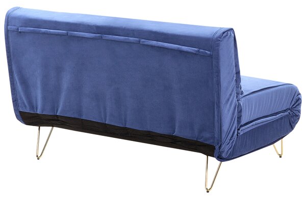 Rozkladacia pohovka námornícka modrá zamatová 2-miestna vhodná na spanie s vankúšmi zlaté nohy glamour