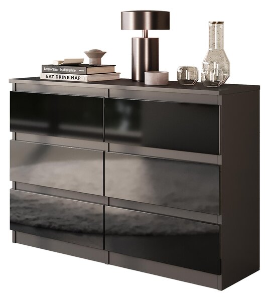 Komoda Gabriel 6 zásuviek - antracit / čierny vysoký lesk 100 cm, moderná a elegantná