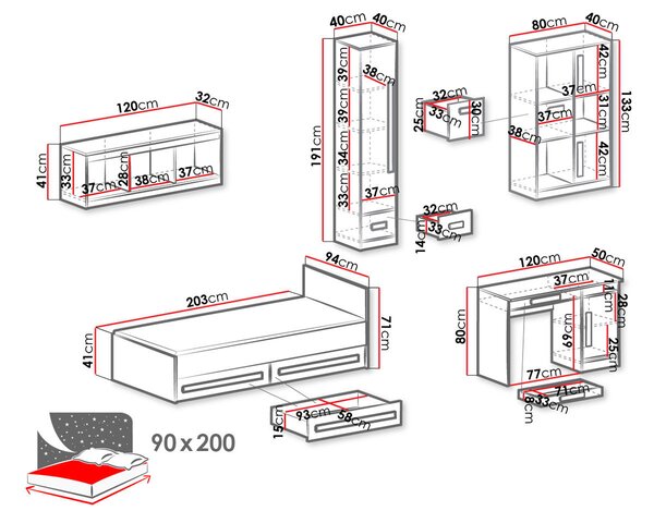 Študentský nábytok s posteľou 90x200 TUCHIN 2 - biely / lesklý biely / šedý