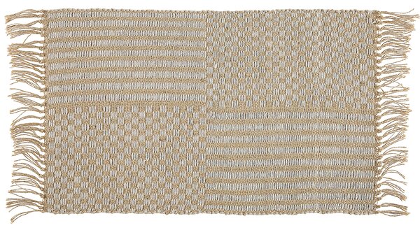 Koberec behúň béžový juta a bavlna 50 x 80 cm so strapcami ručne tkaný boho chodba spálňa