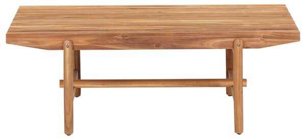 Záhradná lavica svetlé akáciové drevo 135 x 84 cm s vankúšmi krémová biela moderný rustikálny štýl exteriér terasa balkón