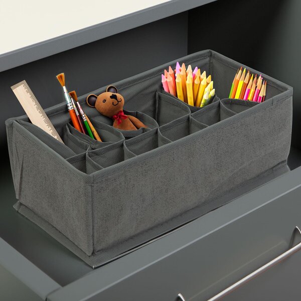 Skladací úložný box z látky – 32 x 16 x 11 cm – 12 priehradiek – sivý [BW2079]