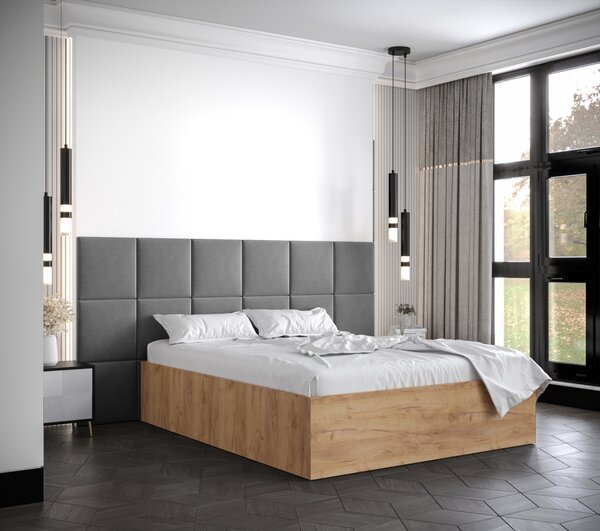 Manželská posteľ s čalúnenými panelmi MIA 4 - 140x200, dub zlatý, šedé panely