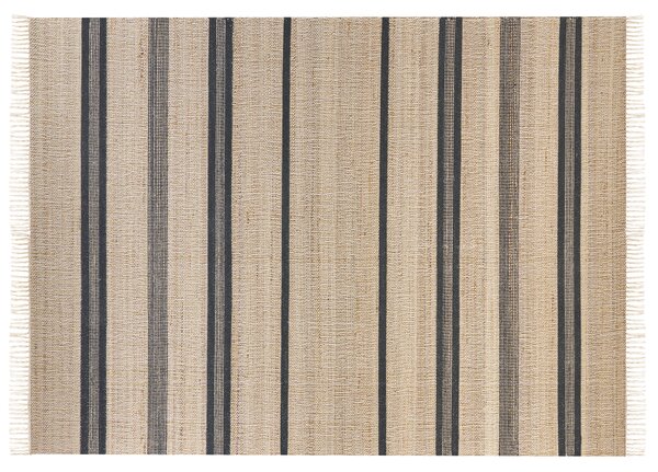 Koberec béžový a sivý jutový 160 x 230 cm obdĺžnikový behúň pruhovaný vzor strapce ručne tkaný boho dizajn predsieň
