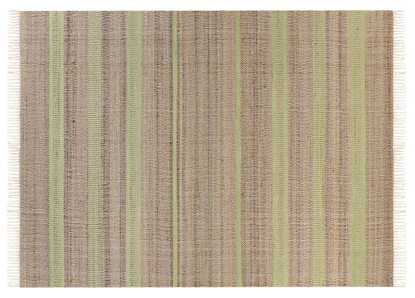 Koberec béžový a zelený jutový 160 x 230 cm obdĺžnikový behúň pruhovaný vzor strapce ručne tkaný boho dizajn predsieň
