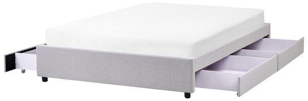 Posteľ s úložným priestorom svetlosivá látkové čalúnenie polyester 140 x 200 cm bez čela s roštom úložné zásuvky klasický štýl spálňa