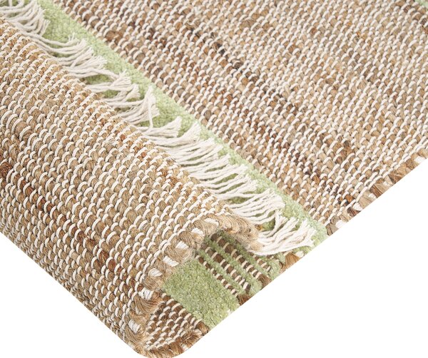 Koberec béžový a zelený jutový 80 x 300 cm obdĺžnikový behúň pruhovaný vzor strapce ručne tkaný boho dizajn predsieň